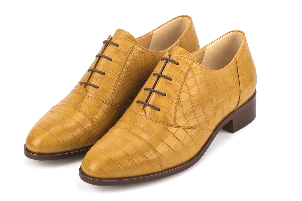 Women's mustard yellow classic oxfords and derby shoes with round toe and chunky rubber lug sole - Front view
